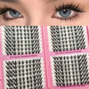 Close-up of a pair of blue eyes next to pink packaging showing DIY cluster eyelashes extensions