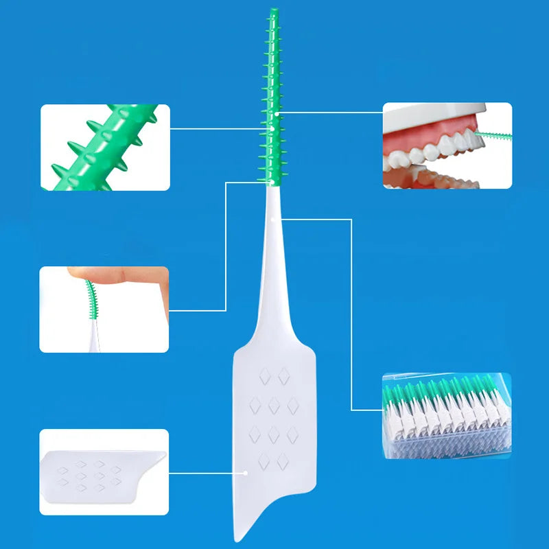 Un hilo dental de silicona blanca con varios accesorios y flosores junto a dientes y una mano.