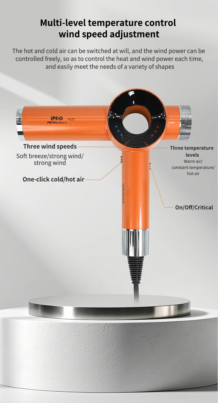 Orange multi-level temperature control hair dryer with three wind speeds and on/off critical function