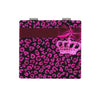 A double-sided portable makeup mirror featuring a leopard print design with a pink ribbon and a purple crown detail.