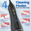 A black portable water flosser device showing four cleaning modes: Normal, Soft, Pulse, and Custom.