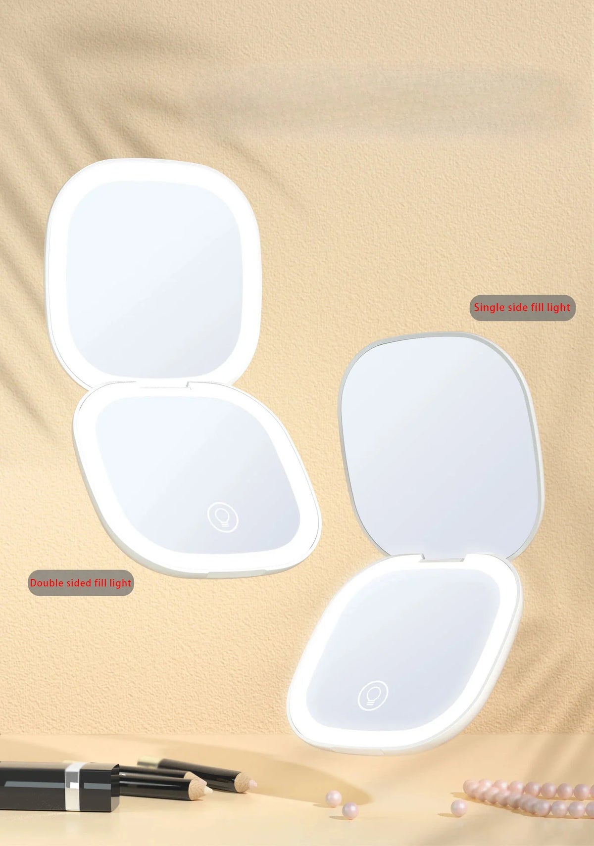 A set of compact LED makeup mirrors, including a single side fill light and a double-sided fill light, displayed on a light b