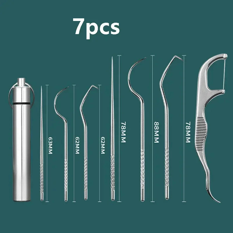 A set of seven reusable aluminum toothpicks with varying lengths and shapes for oral cleaning.