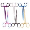 A collection of various stainless steel veterinary forceps and needle holders in different colors like purple, silver, blue, 