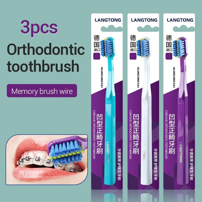 Three Langtong orthodontic toothbrushes with memory brush wire and soft bristles shown next to a model of braces