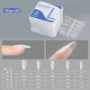 A set of 100 matte finish false gel nail tips in various lengths and shapes are displayed alongside a clear storage box.