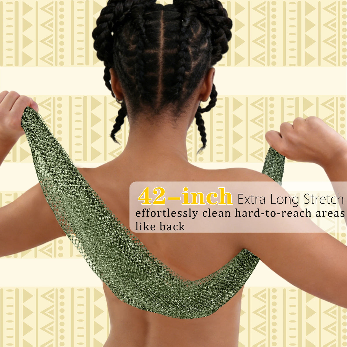 A person shows the back of their torso using a 42-inch extra long stretch exfoliating loofah sponge.