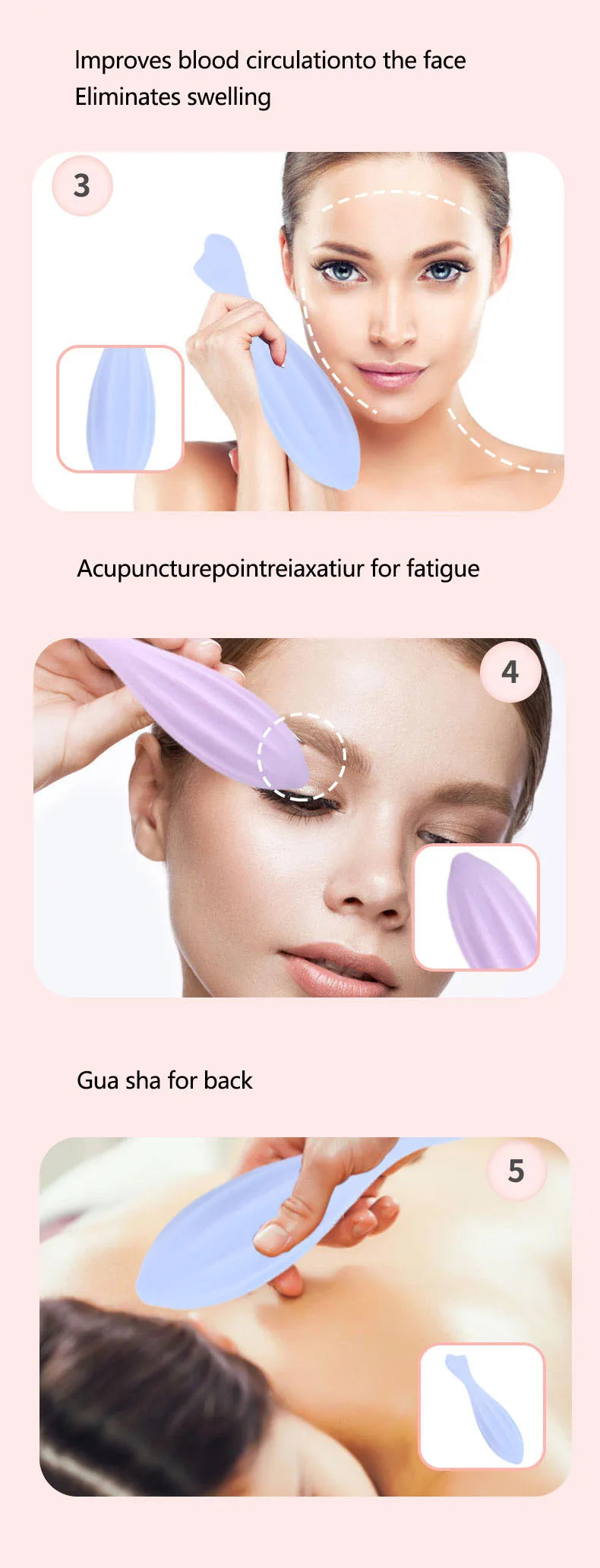 A woman is using a purple silicone gua sha roller on her face for facial massage and contouring.