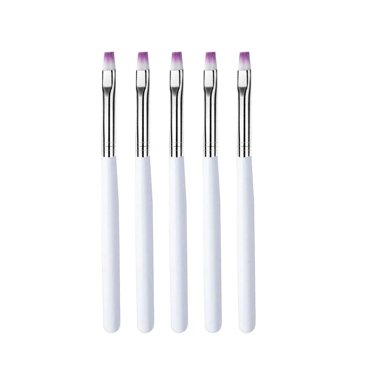 Un set de cinq pinceaux de vernis en gel professionnels avec des manches blancs et des pointes violettes.