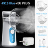 A white handheld nebulizer machine with a clear mask and an accompanying mouthpiece and USB cable.