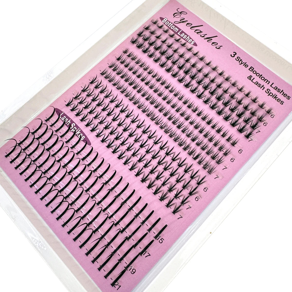 A package of DIY lash extensions featuring bottom lashes and lash spikes in various styles.