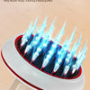 A white electric meridian brush device is shown with blue electrical pulses emanating from the tips, demonstrating relaxing m