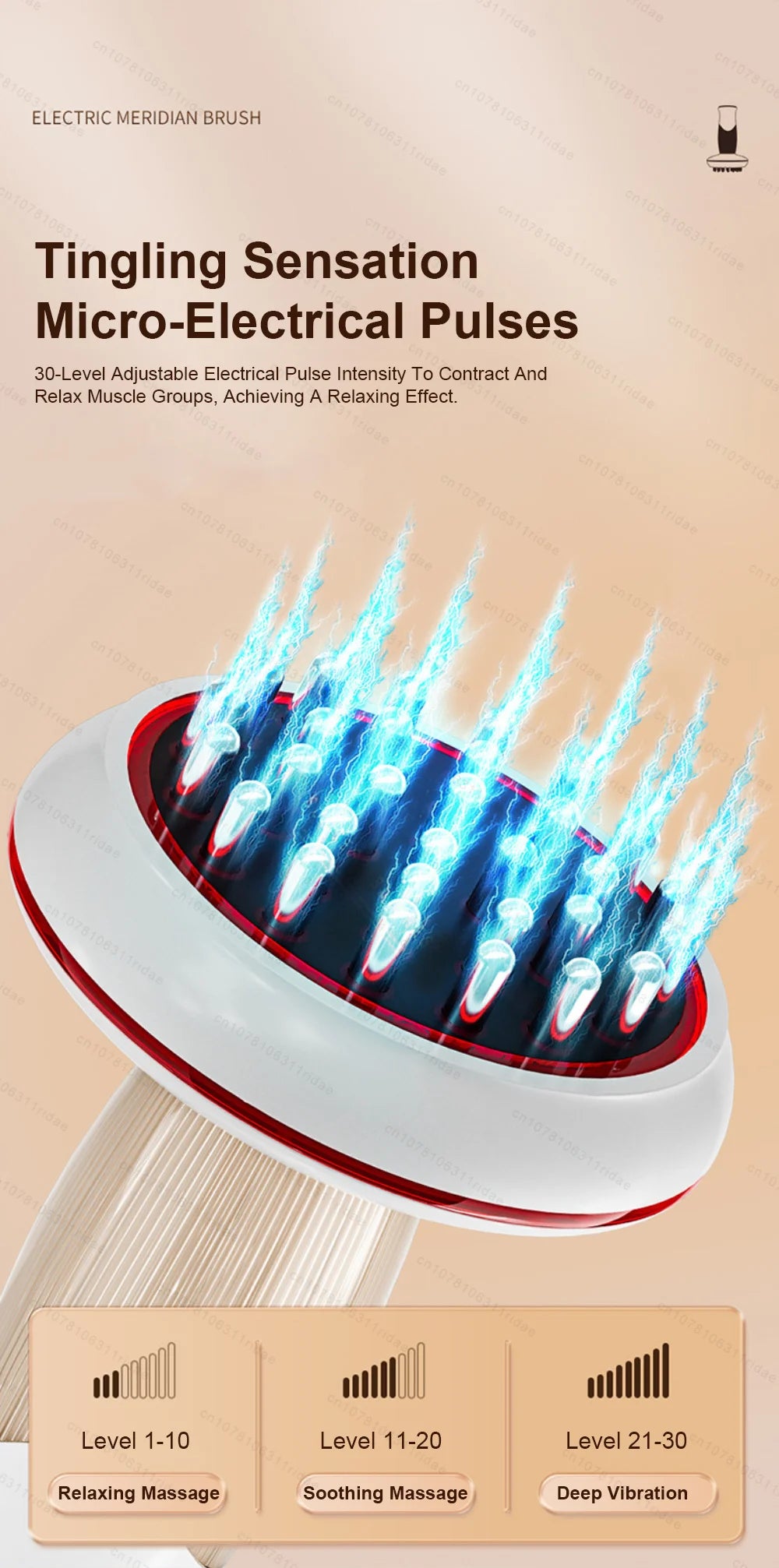 A white electric meridian brush device is shown with blue electrical pulses emanating from the tips, demonstrating relaxing m