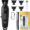A black Kemei cordless electric hair trimmer with a detachable guard and charging cable.