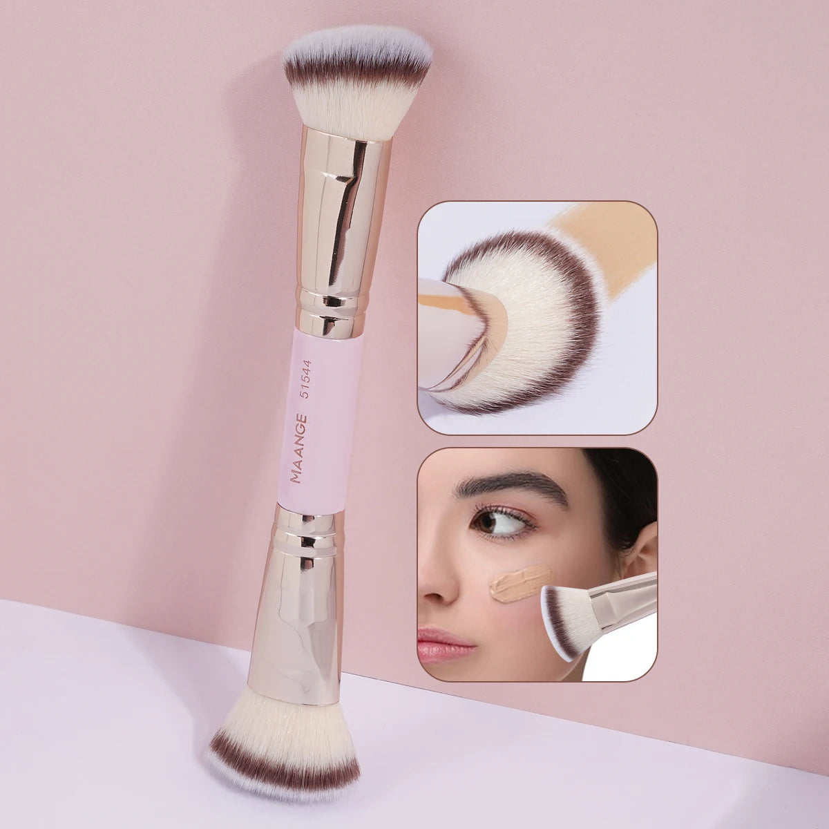 A long, double-ended makeup brush with a gold handle and fluffy bristles is shown next to close-up views of its application.