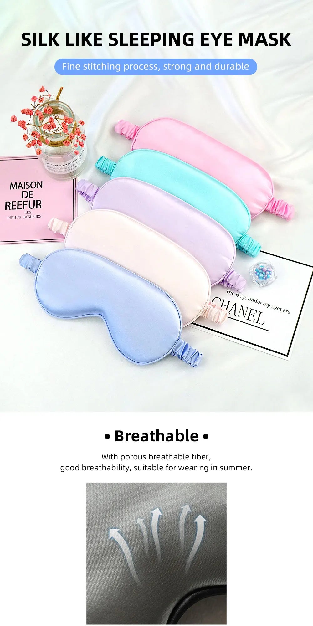 Collection de masques de sommeil semblables à la soie dans diverses couleurs pastel, y compris rose, bleu et lavande, présent