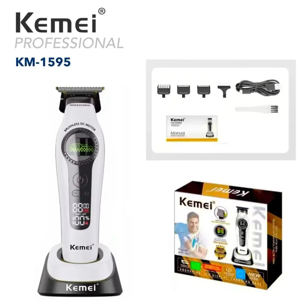 A white Kemei professional cordless hair clipper and trimmer set with a black battery and charging cable.