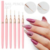 A set of pink nail pencil liners with ultra-fine tips shown next to manicured fingers displaying various nail art designs.