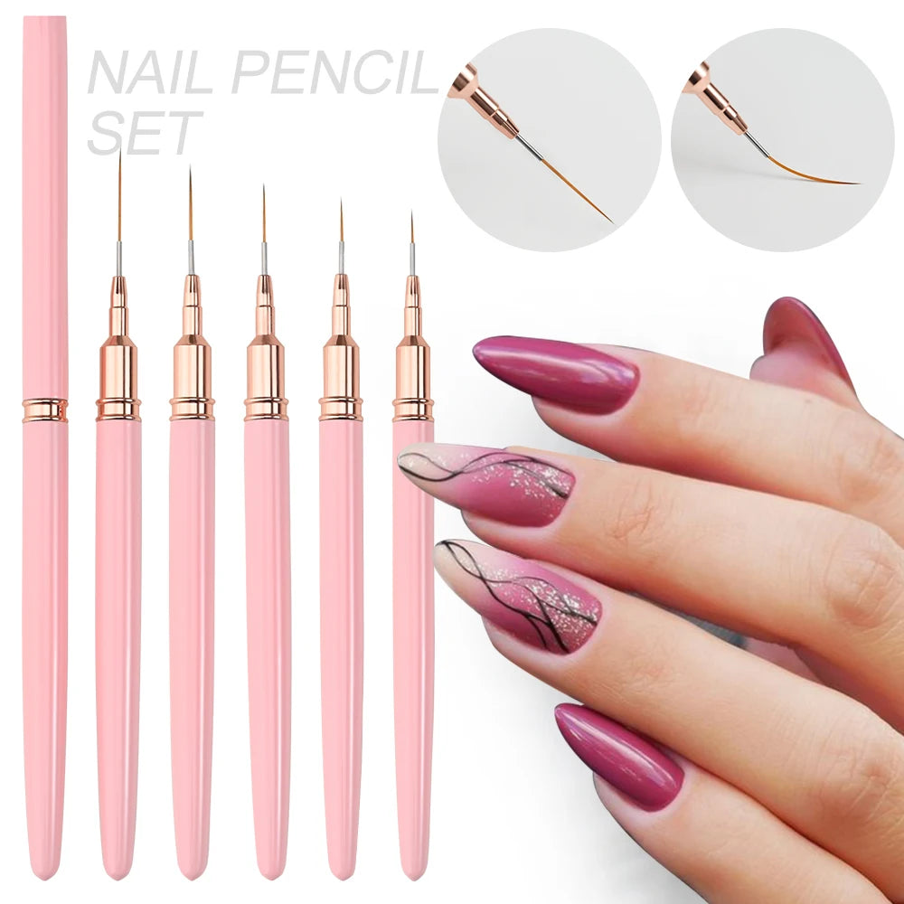A set of pink nail pencil liners with ultra-fine tips shown next to manicured fingers displaying various nail art designs.