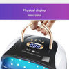 A white and black UV LED nail lamp is shown illuminating a blue light pattern.