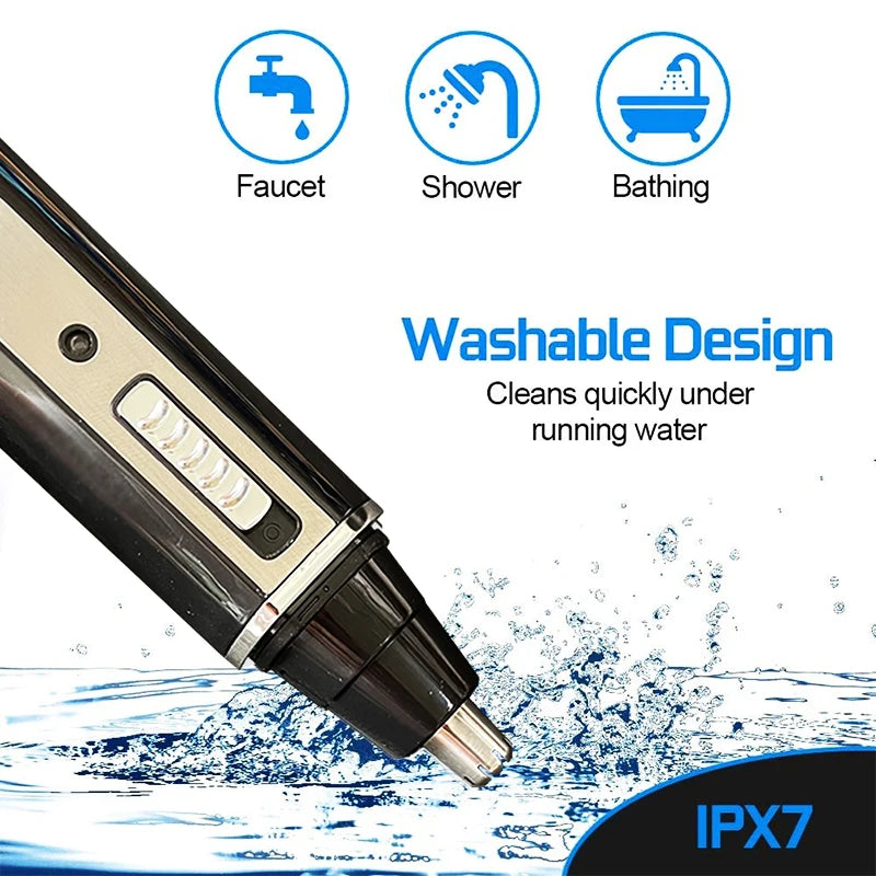 A close-up view of a black rechargeable trimmer with a washable design, demonstrating its use under running water.
