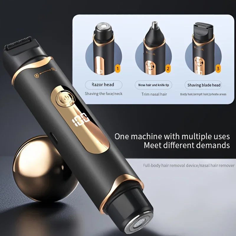 A black electric grooming device with a gold accent, showing three interchangeable heads for shaving and trimming.