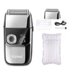 A black and silver all-in-one electric shaver with twin blades and replacement foils shown next to the unit.