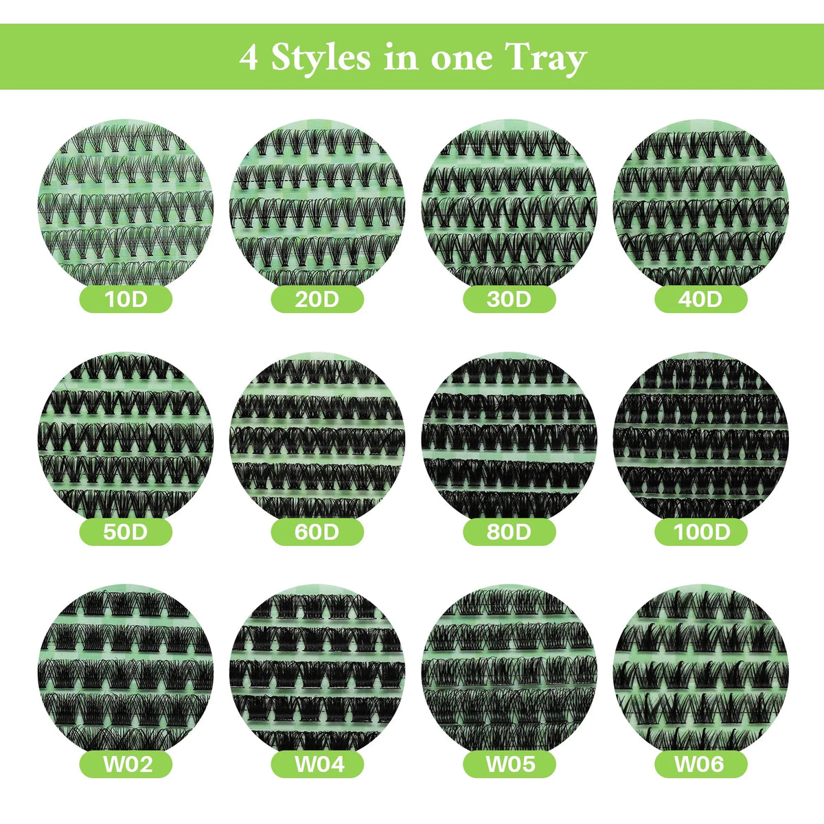 A tray showing four styles of lash clusters in various densities, labeled 10D to 100D and W02 to W06.