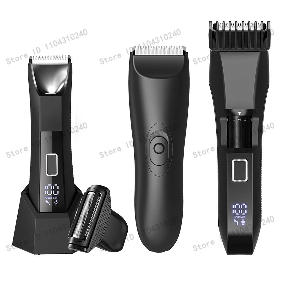 A black professional body and personal hair trimmer shown in various views.