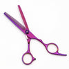 A pair of professional 6-inch stainless steel hairdressing scissors with purple handles and blades.