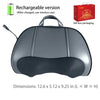 Gray rechargeable massage pillow with a handle and a perforated base.