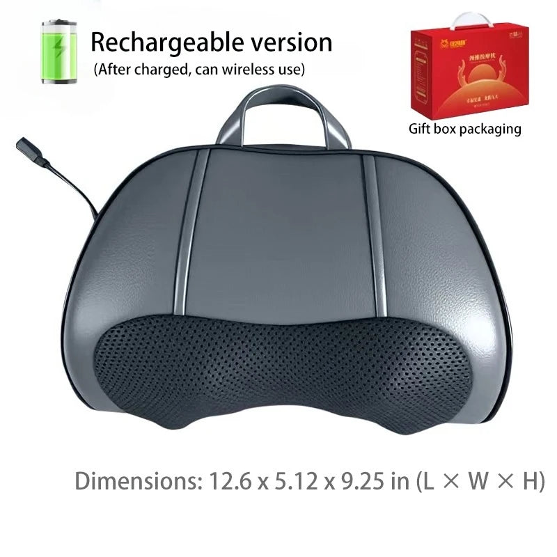 Gray rechargeable massage pillow with a handle and a perforated base.