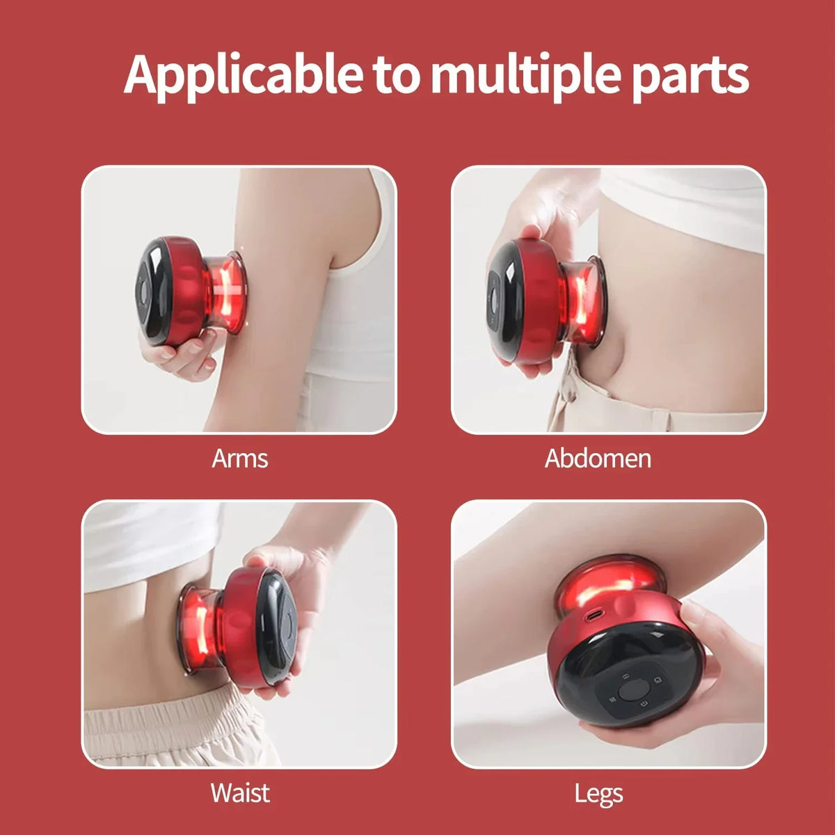 An electric cupping set is shown being applied to various parts of the body including arms, abdomen, waist, and legs.