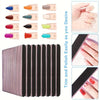 A set of dual-grit nail files for shaping and smoothing nails shown with various grit levels and application examples.