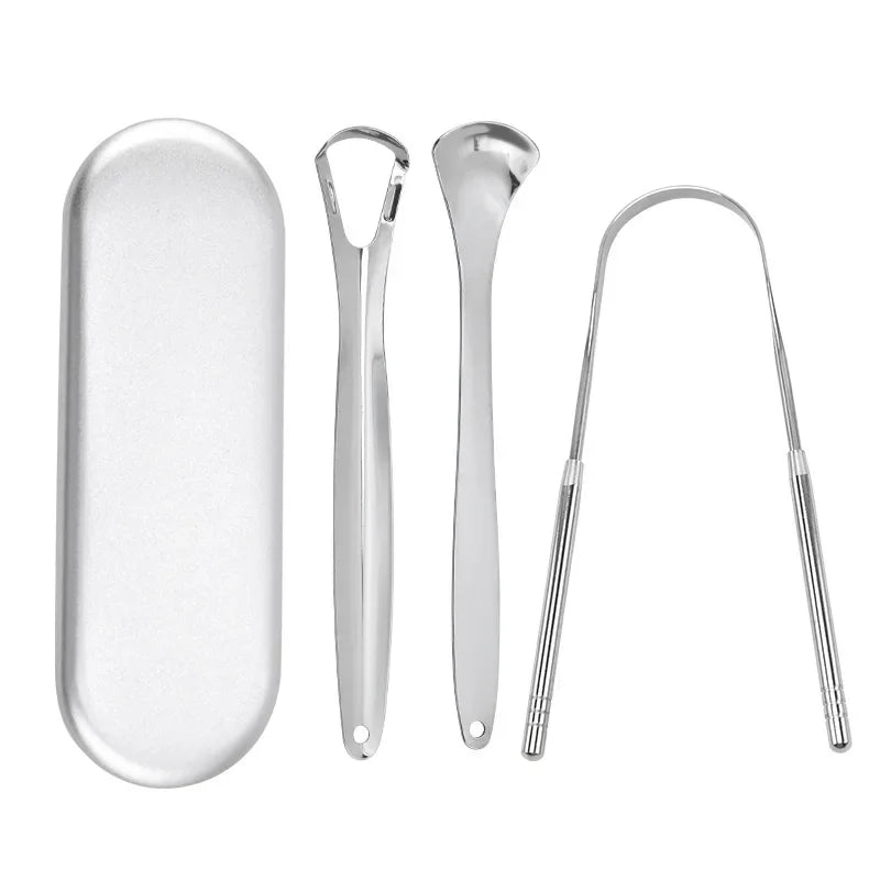 Stainless steel tongue scrapers for oral hygiene including a flat scraper and a curved scraper
