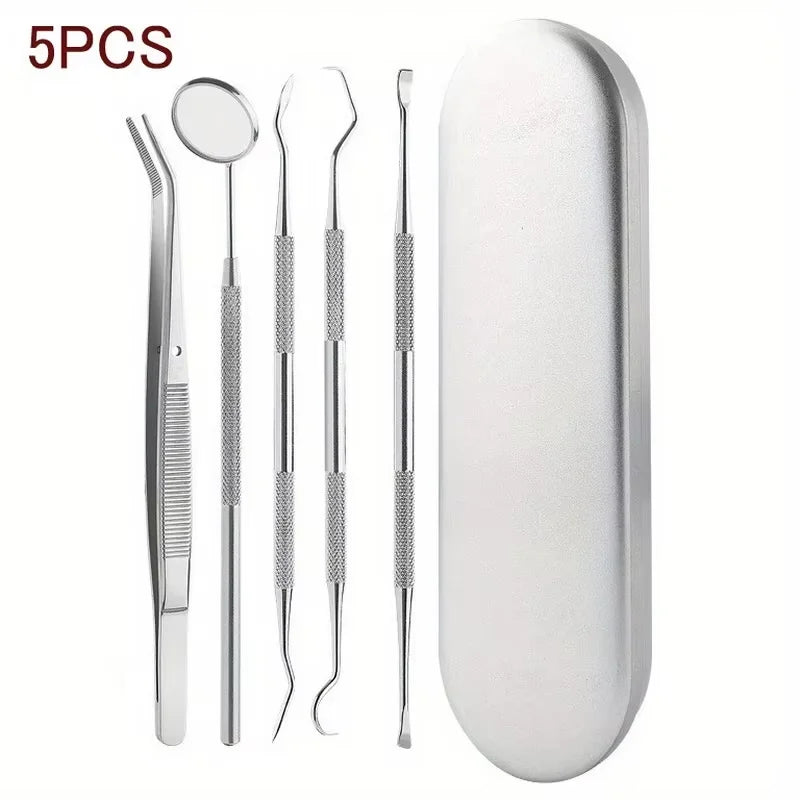 A set of five stainless steel dental cleaning tools including a mirror and various picks