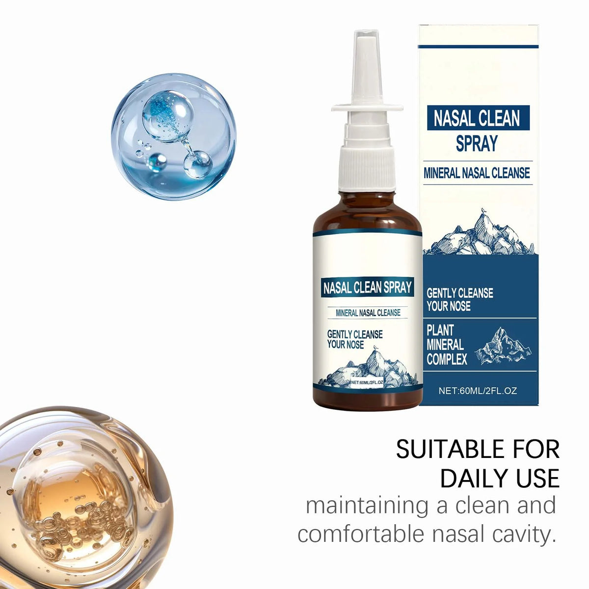 A brown nasal clean spray bottle with a white nozzle and label, next to a clear glass containing mineral particles.