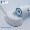 A white Oral-B electric toothbrush charging base and handle with a blue tip, showing an inductive charge feature.