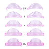 A set of pink silicone eyelash curlers in various sizes from XS to XL.
