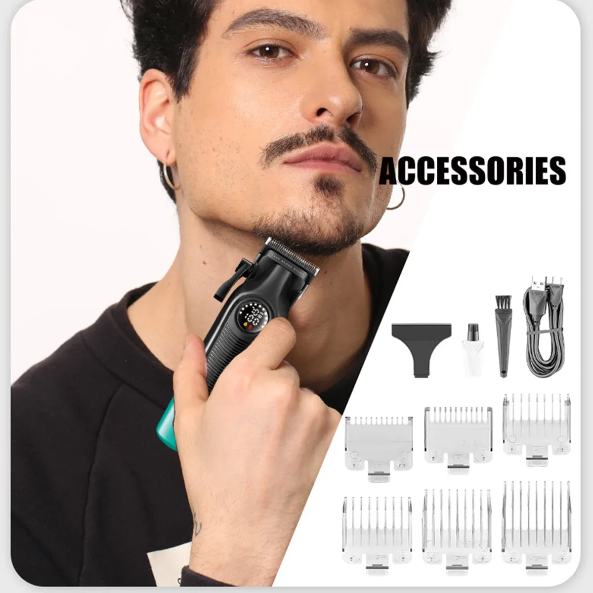 A man holds a black cordless hair clipper accessory, surrounded by various grooming tools and blades.