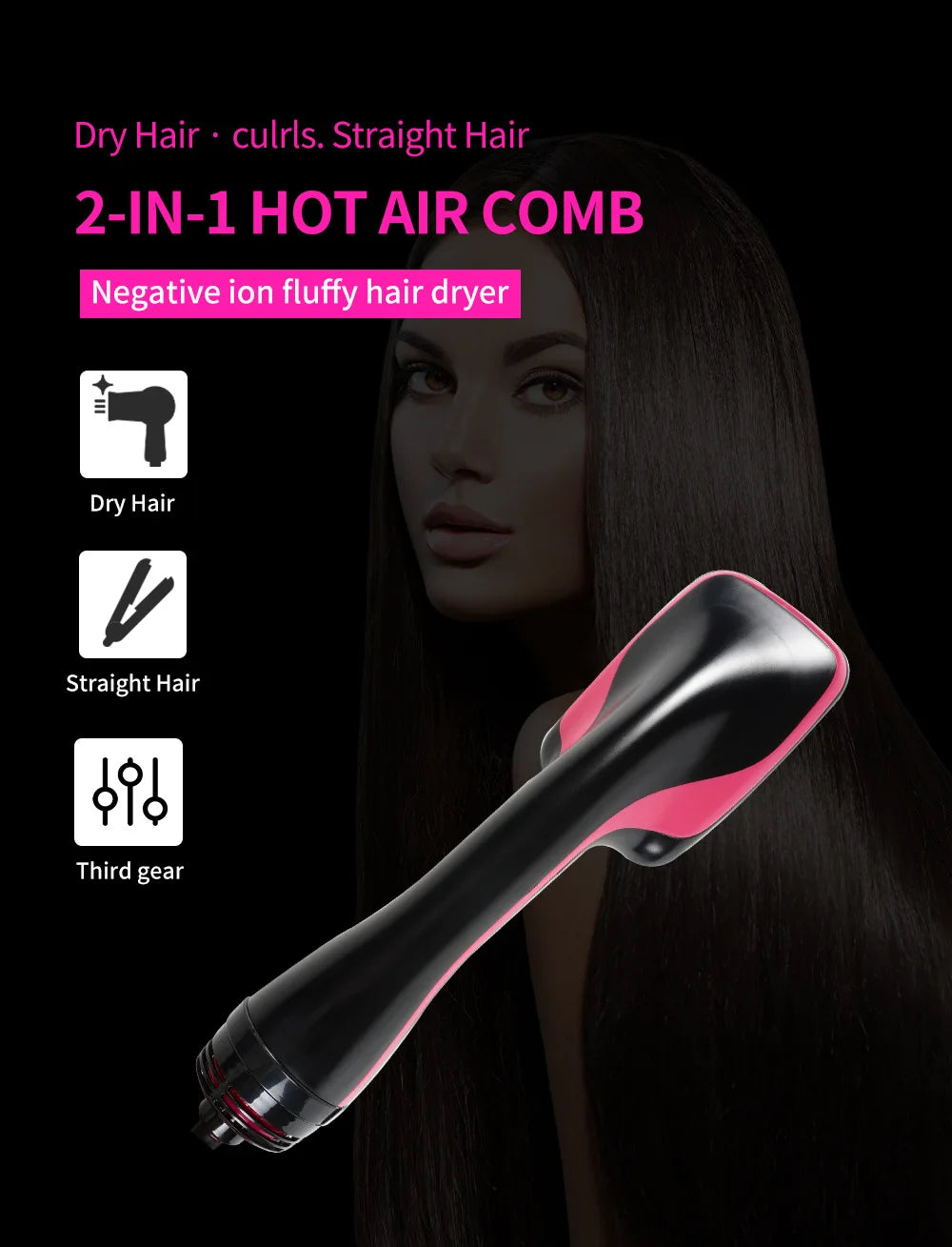 A black 2-in-1 hot air comb hair dryer is shown in a close-up against a dark background.