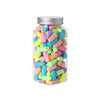 A glass jar filled with colorful memory foam earplugs for noise reduction