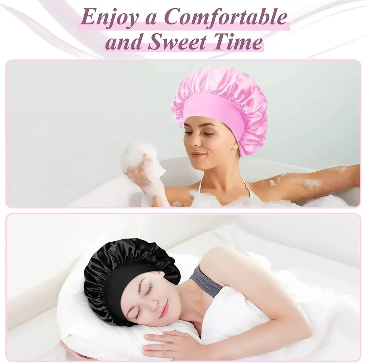 Eine Frau benutzt einen rosa Satin-Haarbonnet zum Schlafen und zum Schutz ihres Haares.