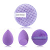 A purple clean sponge and three purple makeup brushes are displayed on a white background.