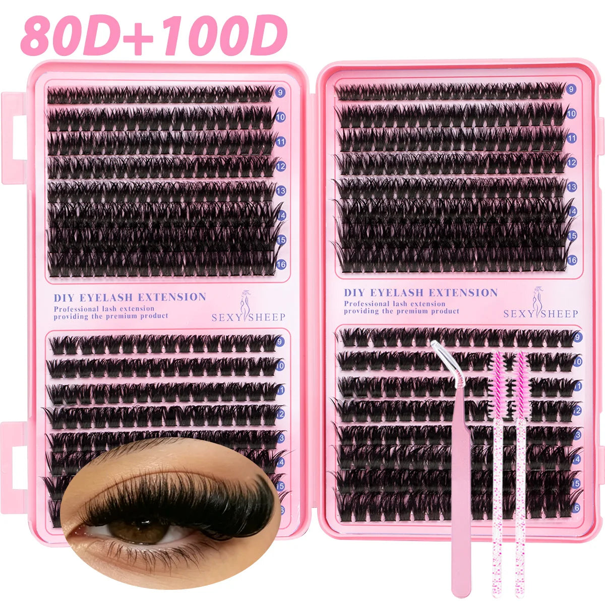 Pink DIY eyelash extension kit showing clusters of dark mink lashes and a pair of tweezers