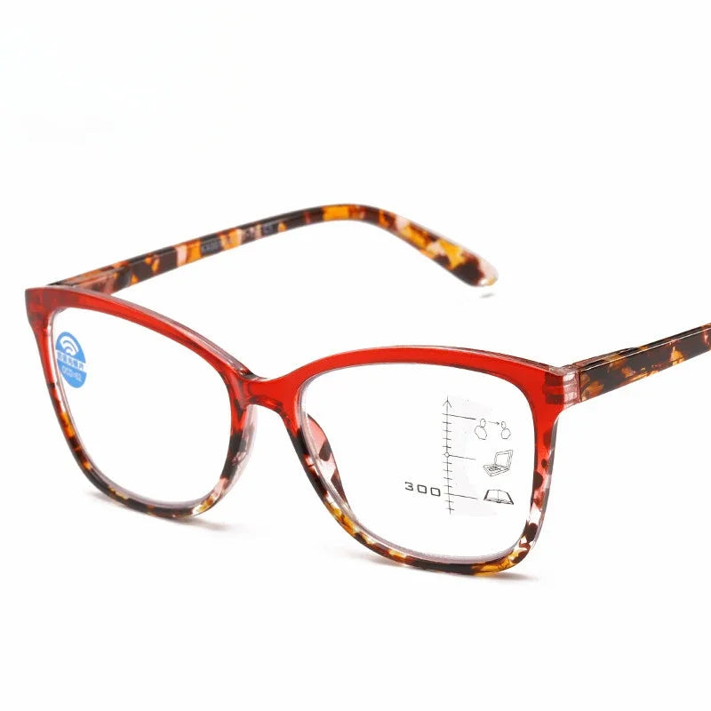 A pair of tortoiseshell progressive multifocal reading glasses with anti-blue light protection.