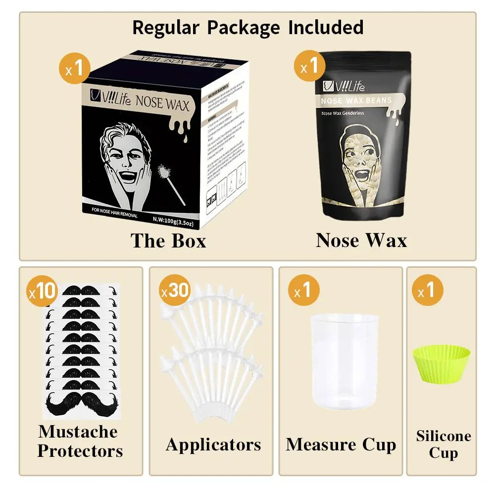 Painless nose hair removal wax kit including nose wax, applicators, measure cup, and silicone cup.