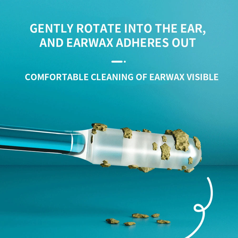 A clear stick is gently rotated into the ear, with earwax adhering to the outer surface for comfortable cleaning.