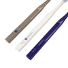 A set of three toothbrushes, including a large brush with light brown and white handles, and a purple brush.
