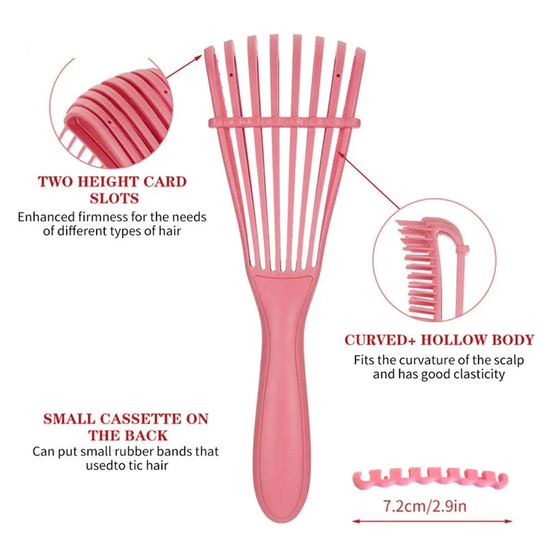 Massage du cuir chevelu rose et peigne anti-emmêlement avec deux fentes pour cartes et un corps creux incurvé.